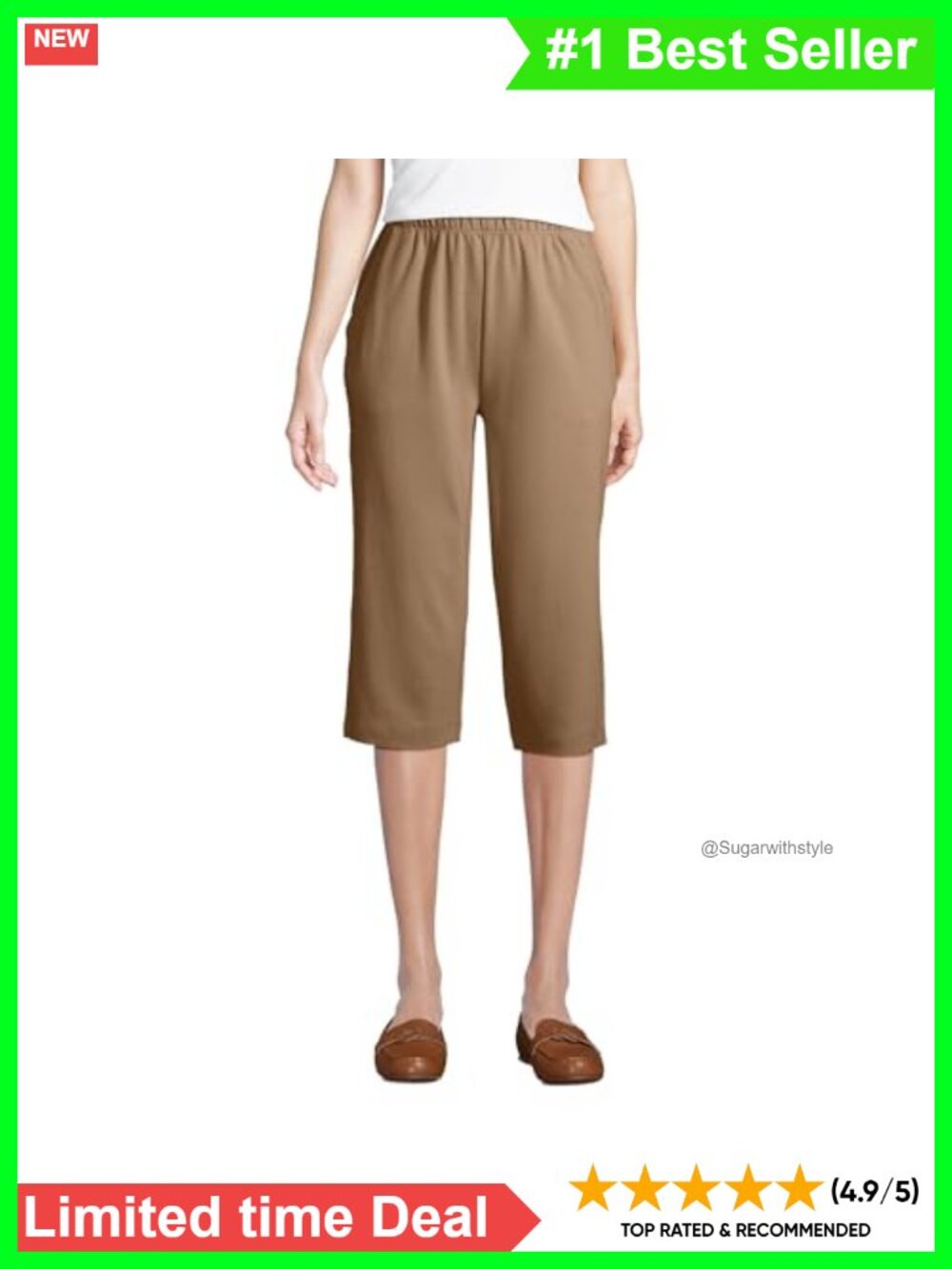 Lands' End Sport Knit Capri Pants 100% Cotton Pull-On High Waist